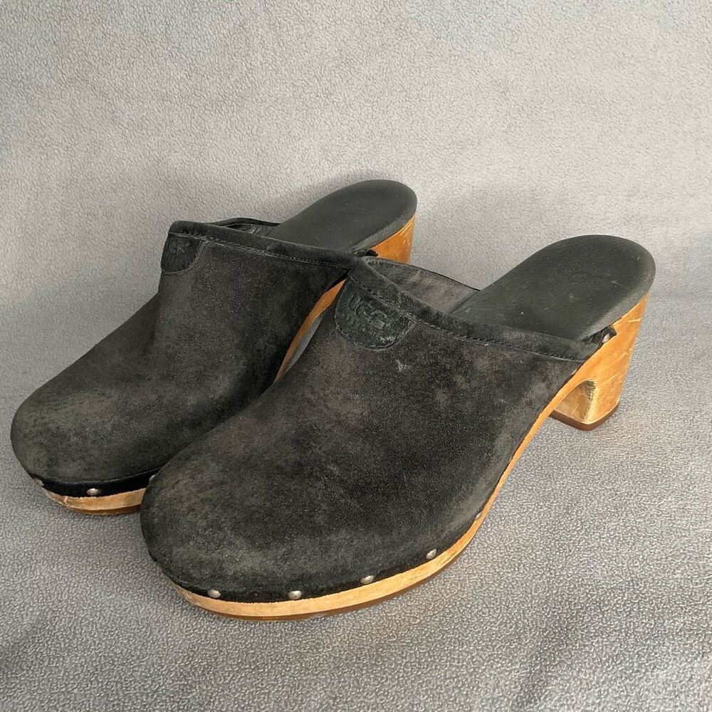 UGG Australia Womens Black Suede Leather Abbie Studded Wooden Clog Mules Size 7